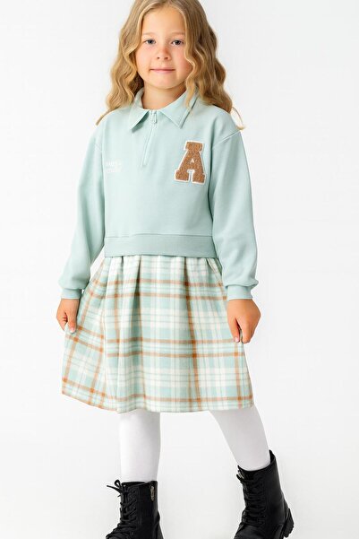 RAPAPA Girl's Blue Polo Neck Sweatshirt Look Plaid Patterned Dress-1706 m
