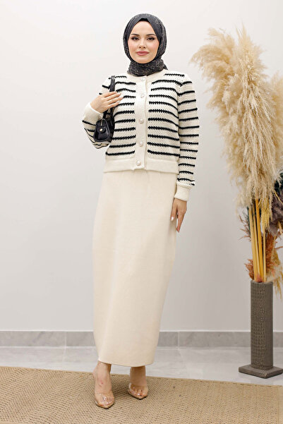 Tesettür Dünyası Striped Knitwear Cardigan Tsd250228 Beige