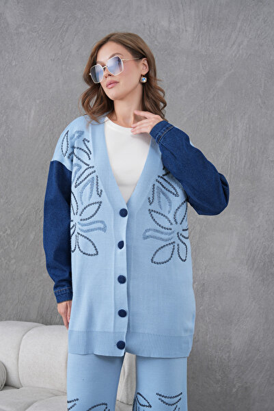 Miss Allos Women's Sleeves Denim Detailed Beaded Wide Fit Knitwear Cardigan and Pants Bottom-Top Set