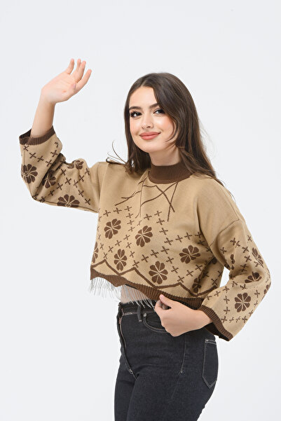H&E LUXURY DESIGN Pulover crop tricotat cu model de lanț maro cămil pentru femei