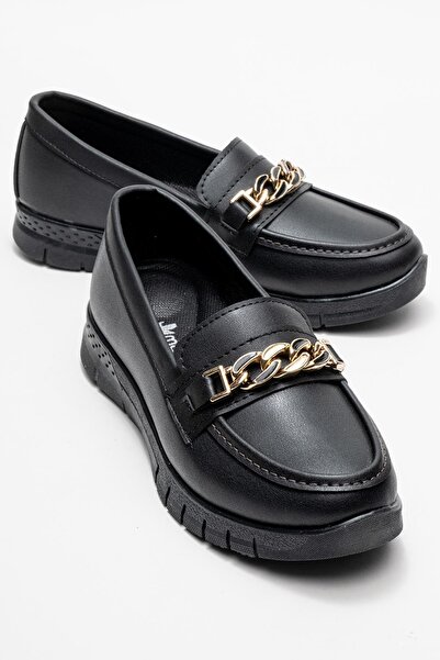 CCWAY AYAKKABI Pantofi de damă cu talpă moale și detaliu de lanț PIELE NEGRĂ