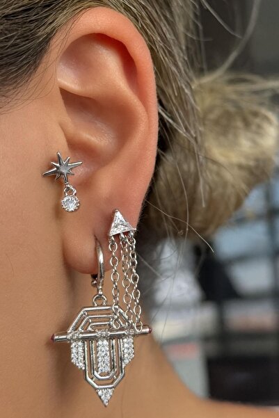 TAKIŞTIR طقم أقراط YSX مكون من 3 قطع بتفاصيل حجر فضي اللون