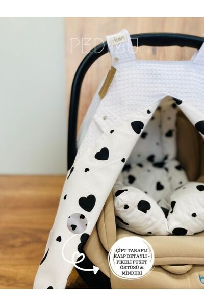 Pedimu Double-Sided Baby Stroller Cover & Cushion Set of 2 – Waffle Pike & Black Heart Poplin – Special Pouch Gift