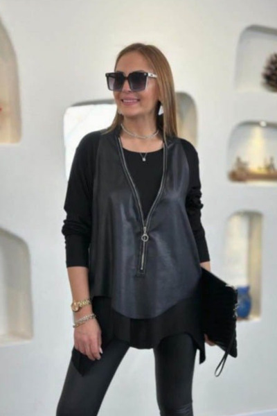 Kokosh moda Γυναικείο δερμάτινο γιλέκο με ασύμμετρη κοπή με λαιμόκοψη σε σχήμ...