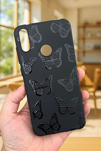 Vip Case HUAWEİ Y7 2019 Uyumlu Siyah Kelebek Desenli Silikon Darbe Emici Klasik Korumalı Rubber Kılıf