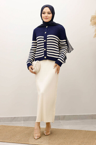 Tesettür Dünyası Striped Perforated Knit Cardigan Tsd250219 Navy Blue