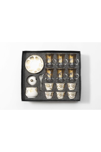 Bin Shihoun 21-piece tea and coffee serving set with a distinctive rose gold pattern