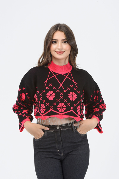 H&E LUXURY DESIGN Women's Pink and Black Chain Patterned Crop Knit Sweater