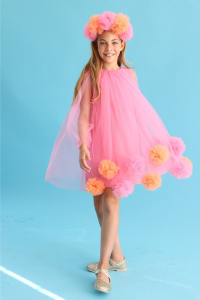 Le Mabelle Fuchsia Long Sleeve Skirt with Pompom Detail at the Hem Girls' Dress - Kathy