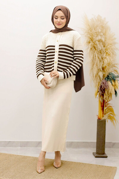 Tesettür Dünyası Striped Perforated Knit Cardigan Tsd250219 Brown