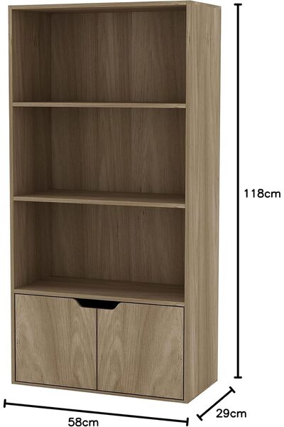 Modern home 4 Tier Wide Wooden Bookcase Cupboard with 2 Doors Storage