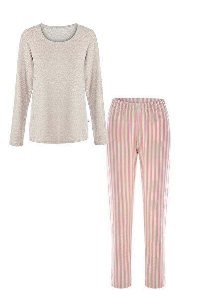 koza iç giyim Kadın Pamuklu Kaşkorse Üst Etiket Detaylı Çizgili Pijama Takımı