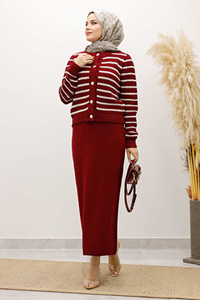 Tesettür Dünyası Striped Knitwear Cardigan Tsd250228 Claret Red