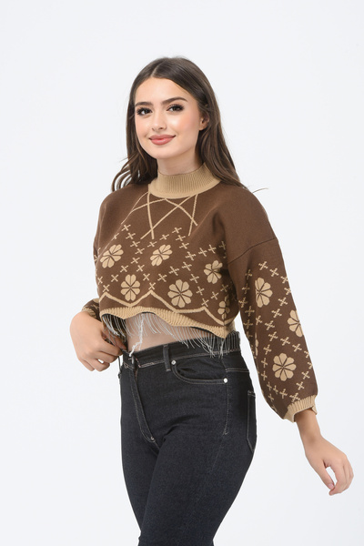 H&E LUXURY DESIGN Women's Brown Camel Chain Patterned Crop Knit Sweater