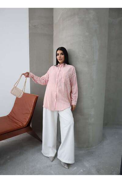 Hatun Atila Striped Long Sleeve Muslin Shirt 5194 Pink