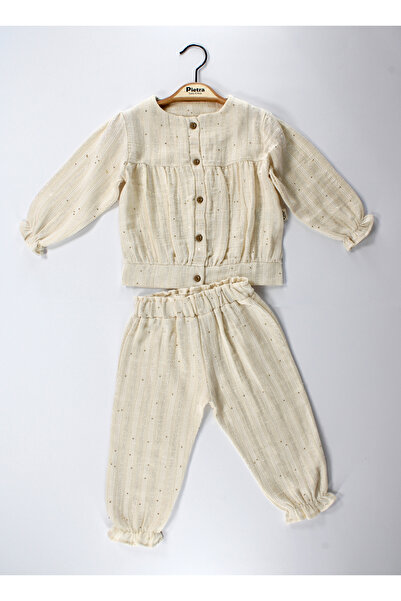 PİETRA BABY KİDS 100% Cotton Muslin Fabric Baby and Child Girl Double Set with Striped Detail Buttons