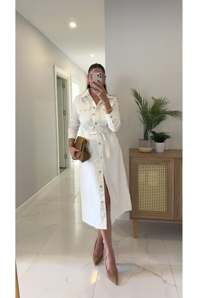BİRCANÇİL Jeslina Ecru Belted Dress with Pocket Detail