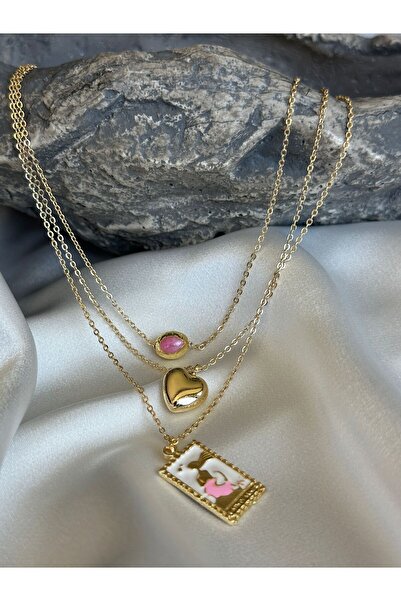 Luz De Viento Pembe Tarot Kart Ve Zirkon Taşlı Kalp 3'lü Gold Zincir Kolye Kombin