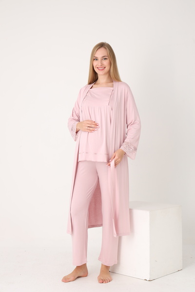 Miss Dünya Lissa Long Sleeve Maternity and Postpartum Pajama Set Suitable for Breastfeeding with Long Dressing Gown