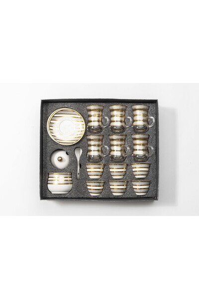 Bin Shihoun 21-piece tea and coffee serving set with a distinctive rose gold pattern