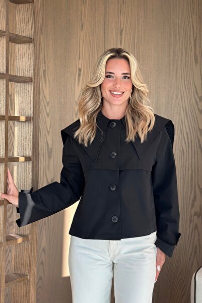 Laluvia Black Sakura Wide Collar Short Trench Coat - 7530