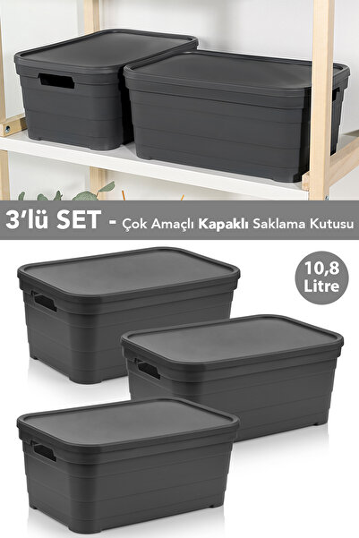 Meleni Home 3 Decorative Pyramid Storage Boxes with Lids - Closet Organizer 10.8 Liters Anthracite