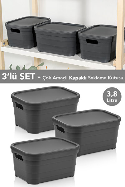 Meleni Home 3 Decorative Pyramid Storage Boxes with Lids - Closet Organizer 3.8 Liters Anthracite