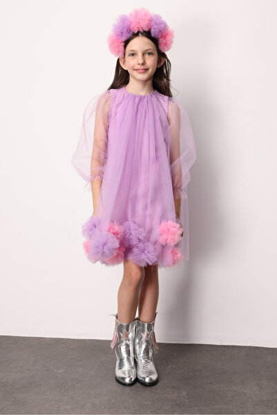 Le Mabelle Lilac Long Sleeve Skirt with Pompom Detail Girls' Dress - Kathy