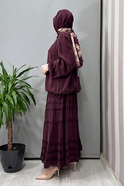 MissWhence Guipure Detailed Blouse Skirt Set Burgundy 37005