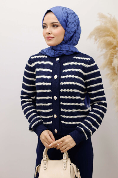 Tesettür Dünyası Striped Knitwear Cardigan Tsd250228 Navy Blue
