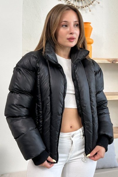 Ded COLLECTION Women's Shiny Fabric Short Length High Collar Zippered Trendy Puffer Coat