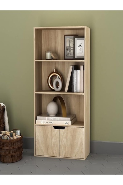 Modern home 4 Tier Wide Wooden Bookcase Cupboard with 2 Doors Storage