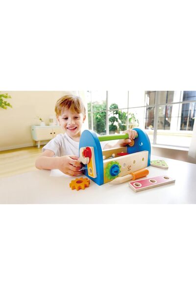 Hape Fix-It Wooden Tool Box with Accessories - 14-Piece Construction Workbench Set for Kids