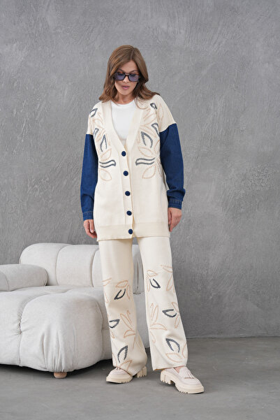 Miss Allos Women's Sleeves Denim Detailed Beaded Wide Fit Knitwear Cardigan and Pants Bottom-Top Set