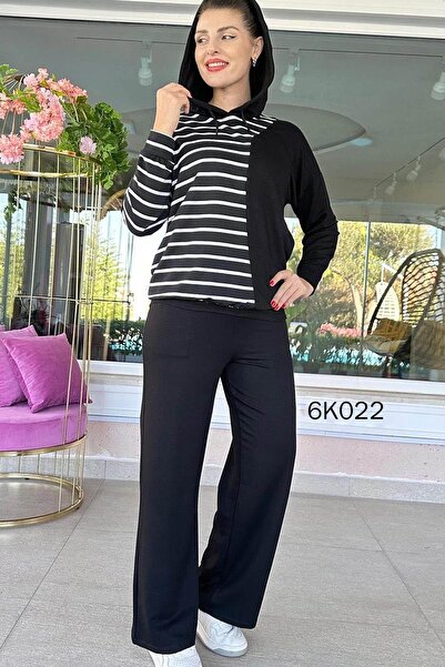 İnce Topuk Kapşonlu Modal Kumaş Çizgili Takım 6k022