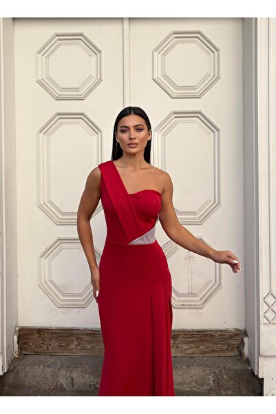 Modafeminen Flexible Scuba Fabric Front Stone Detailed Evening Dress 583324 Red