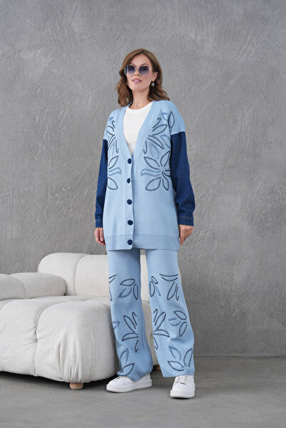 Miss Allos Women's Sleeves Denim Detailed Beaded Wide Fit Knitwear Cardigan and Pants Bottom-Top Set