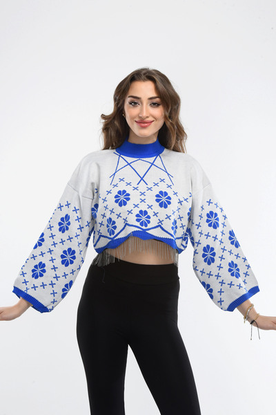 H&E LUXURY DESIGN Women's White Blue Patterned Bottom Chain Crop Knitwear Sweater