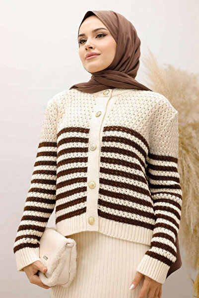 Tesettür Dünyası Striped Perforated Knit Cardigan Tsd250219 Brown