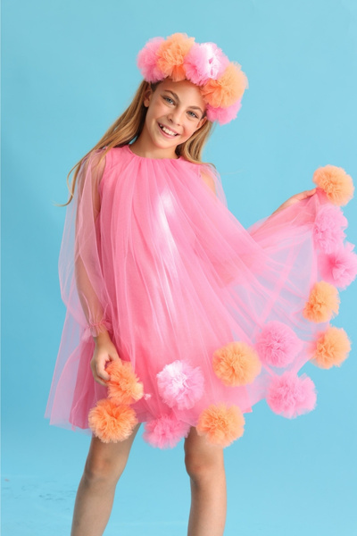 Le Mabelle Fuchsia Long Sleeve Skirt with Pompom Detail at the Hem Girls' Dress - Kathy