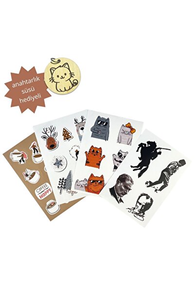 HippoDeco Sticker Seti 8’li – Atatürk, Yılbaşı, Kahve ve Kedi Temalı Dekorati...