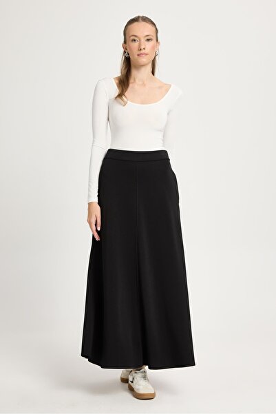 minaaise تنورة طويلة محبوكة من قماش المودال الأسود للنساء 30007