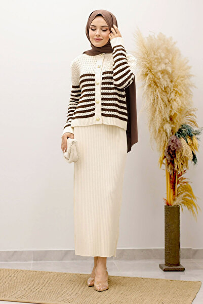 Tesettür Dünyası Striped Perforated Knit Cardigan Tsd250219 Brown