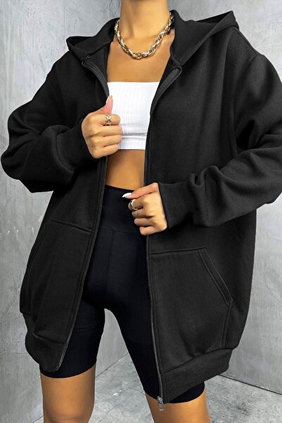 zeag Unisex Black Zippered Sweat Hooded Cardigan