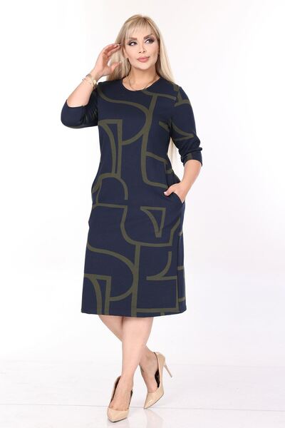 modayız Double Pocket Patterned Stretchy Winter Plus Size Midi Dress 44A-2708