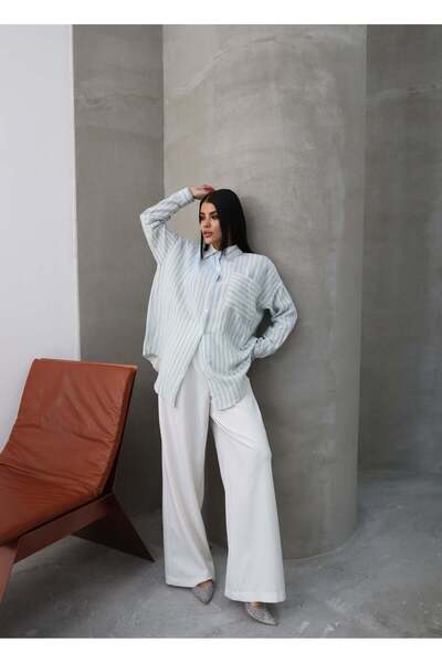 Hatun Atila Cămașă din muselină cu mâneci lungi în dungi 5194 Albastru