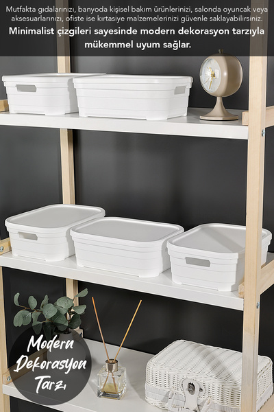Meleni Home 6 Adet Kapaklı Dekoratif Piramit Saklama Kutusu - Dolap Düzenleyici Organizer Kutu 2,8 Litre Beyaz