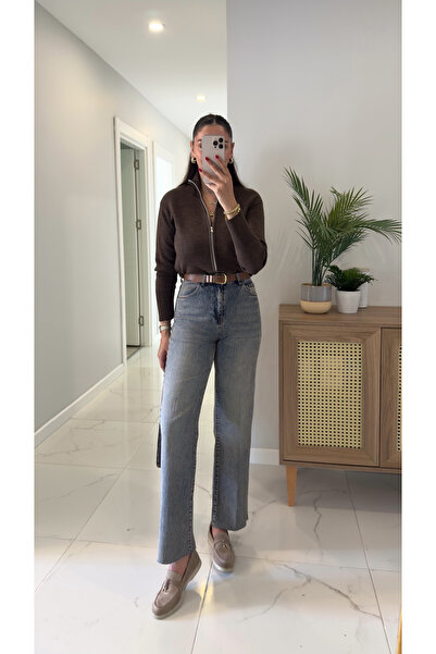 BİRCANÇİL Melotti Mavi Yıkama Kesik Paça Kemerli Straight Jean