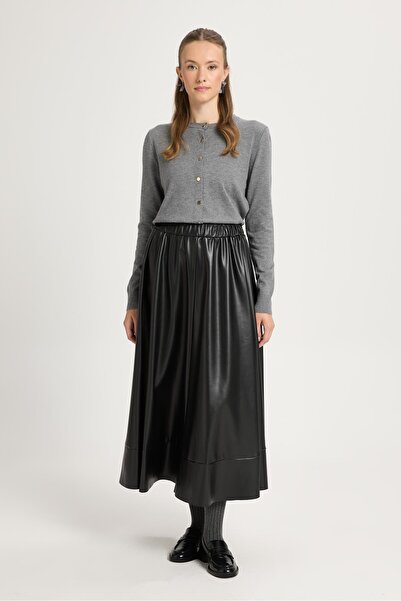 minaaise Fusta lungă din piele cu talie elastică neagră 30024