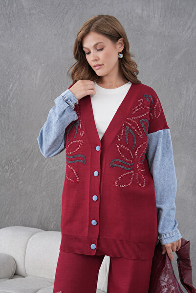 Miss Allos Women's Sleeves Denim Detailed Beaded Wide Fit Knitwear Cardigan and Pants Bottom-Top Set